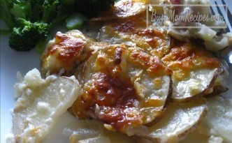 scalloped potatos with ham and steamed broccoli