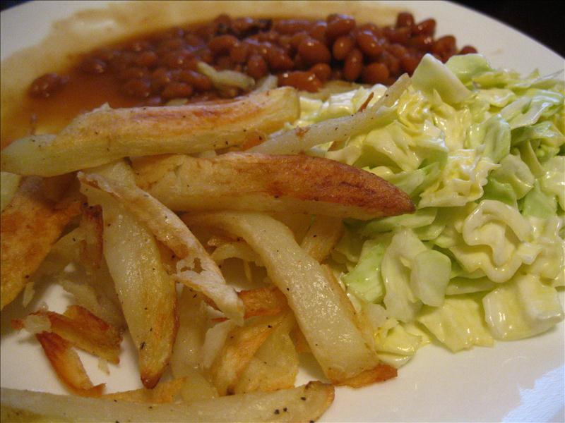 Crispy Oven Baked French Fries with Bush s Baked Beans And Coleslaw 