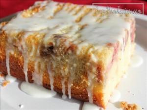 dense lemon strawberry cake with glaze
